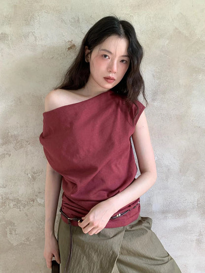 Off Shoulder Ruffle Neckline T-shirt In Red