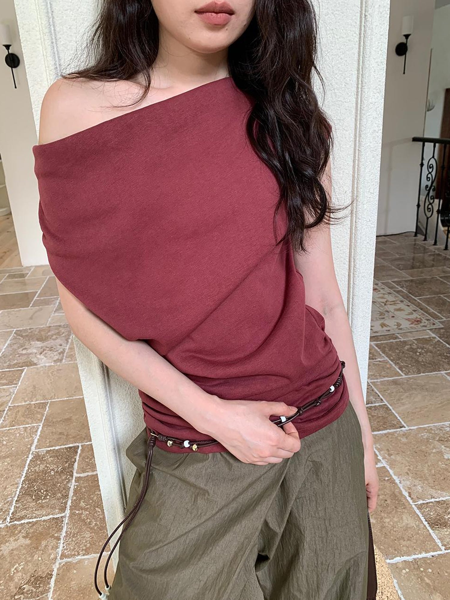 Dorydory Off Shoulder Ruffle Neckline T-shirt In Red