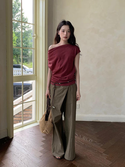 Dorydory Off Shoulder Ruffle Neckline T-shirt In Red
