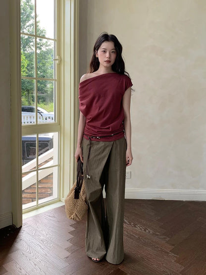 Off Shoulder Ruffle Neckline T-shirt In Red