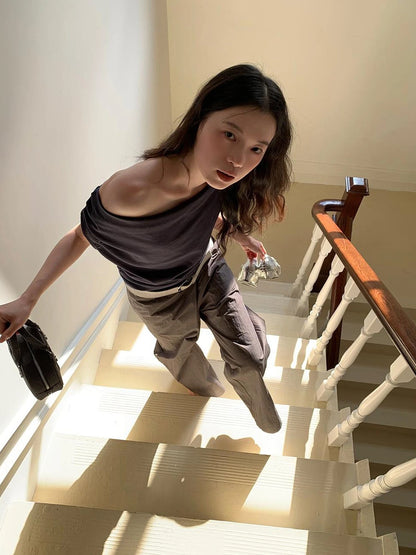 Off Shoulder Ruffle Neckline T-shirt In Red