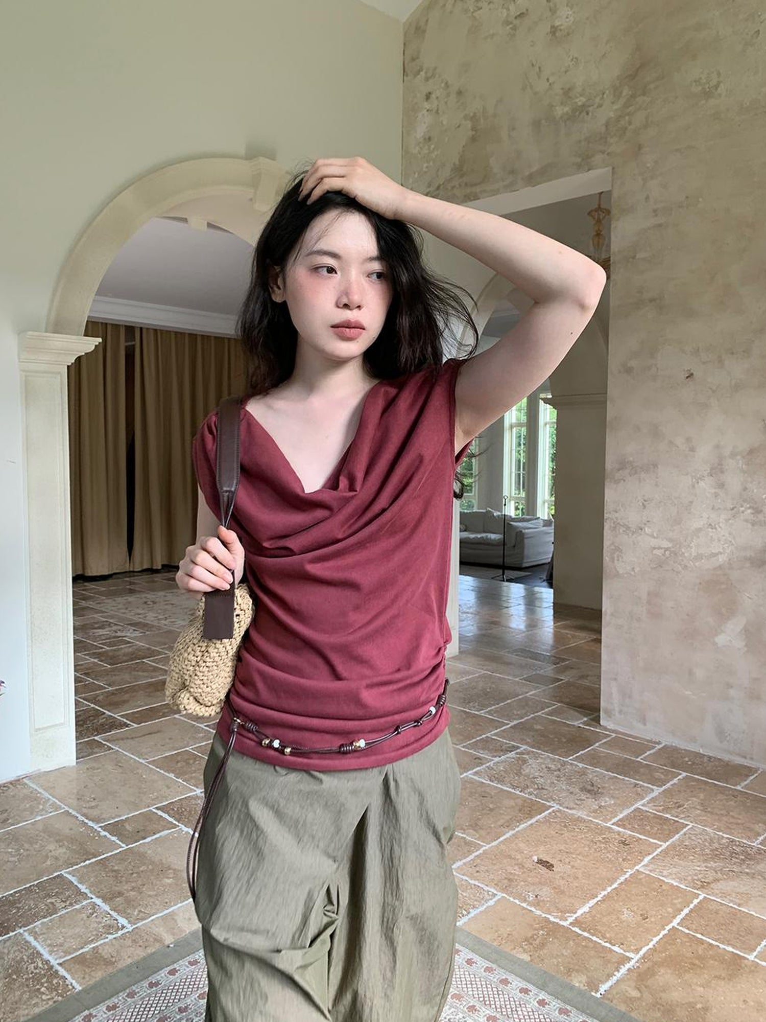 Dorydory Off Shoulder Ruffle Neckline T-shirt In Red