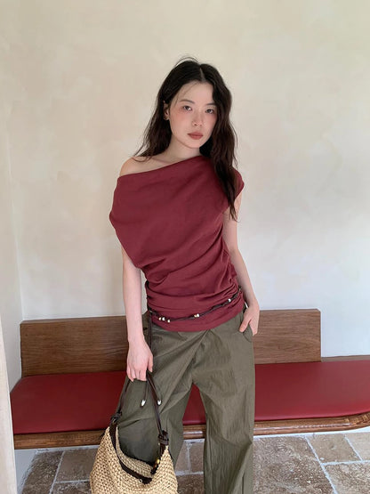 Off Shoulder Ruffle Neckline T-shirt In Red