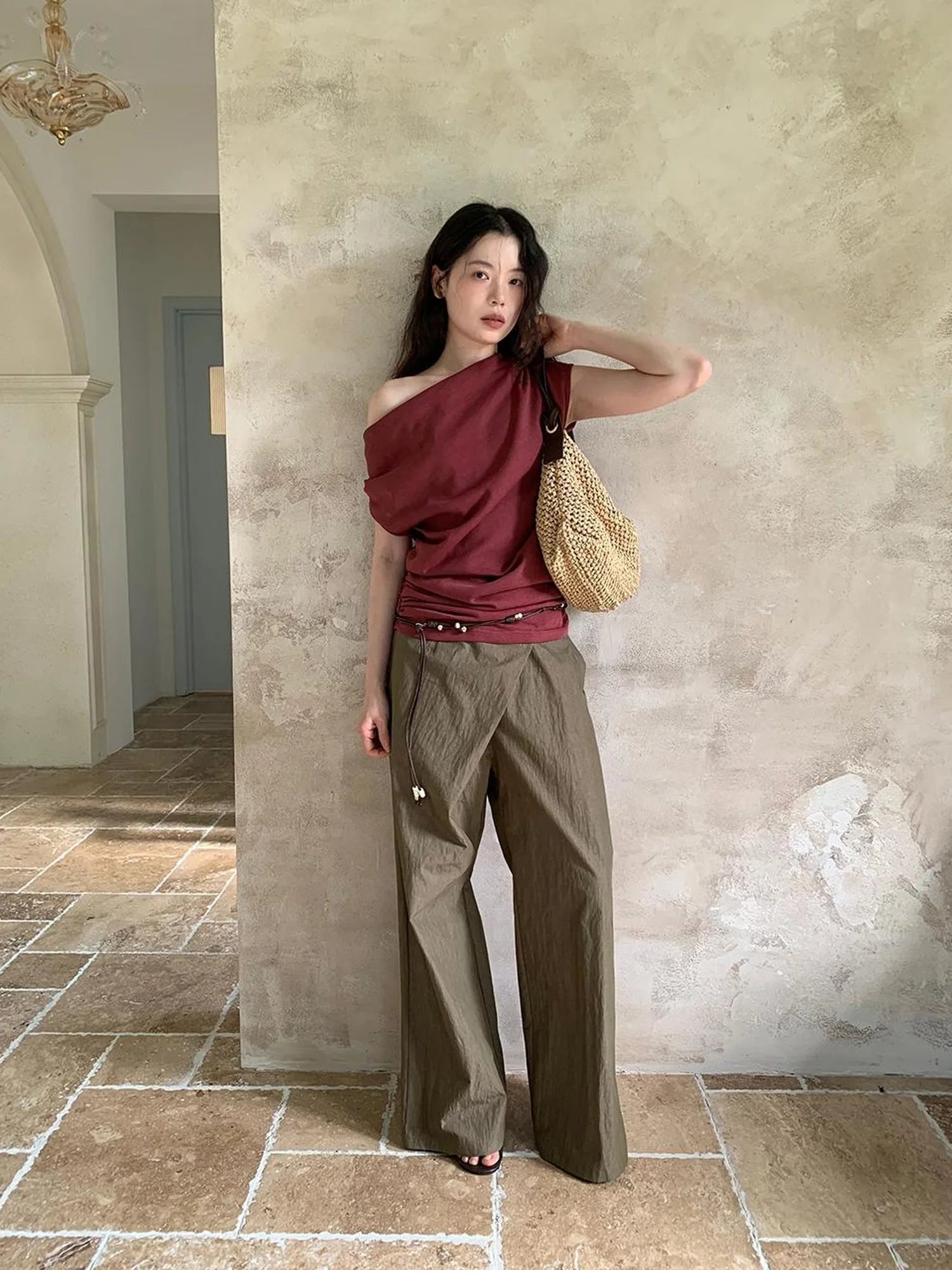 Off Shoulder Ruffle Neckline T-shirt In Red