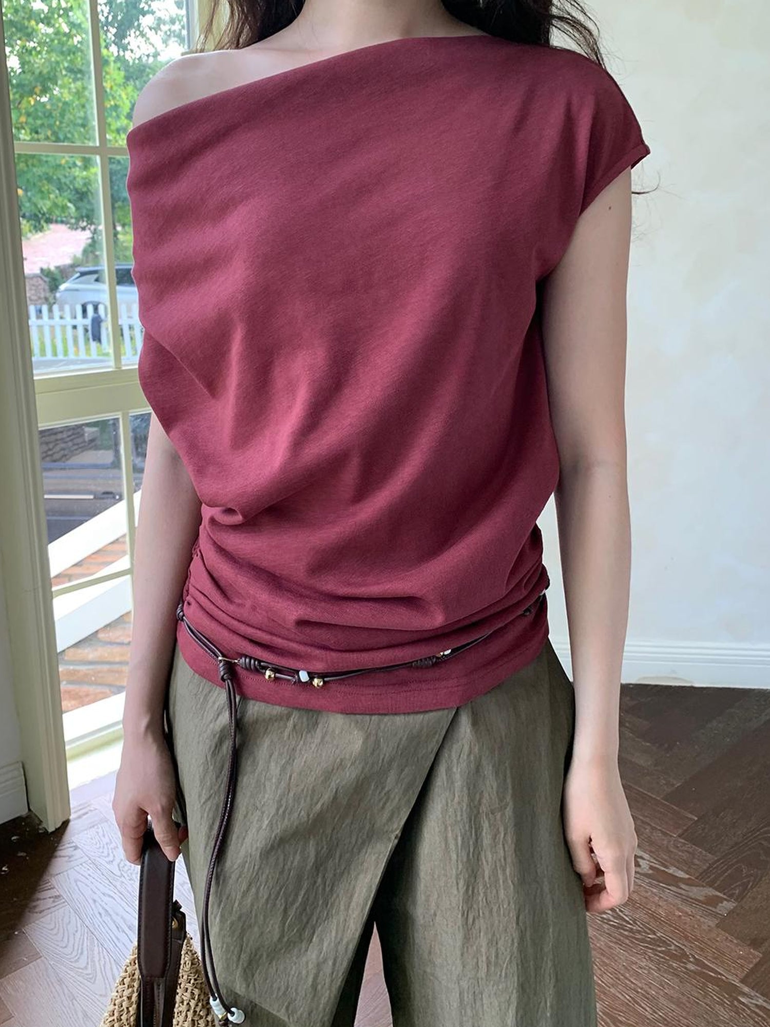 Dorydory Off Shoulder Ruffle Neckline T-shirt In Red