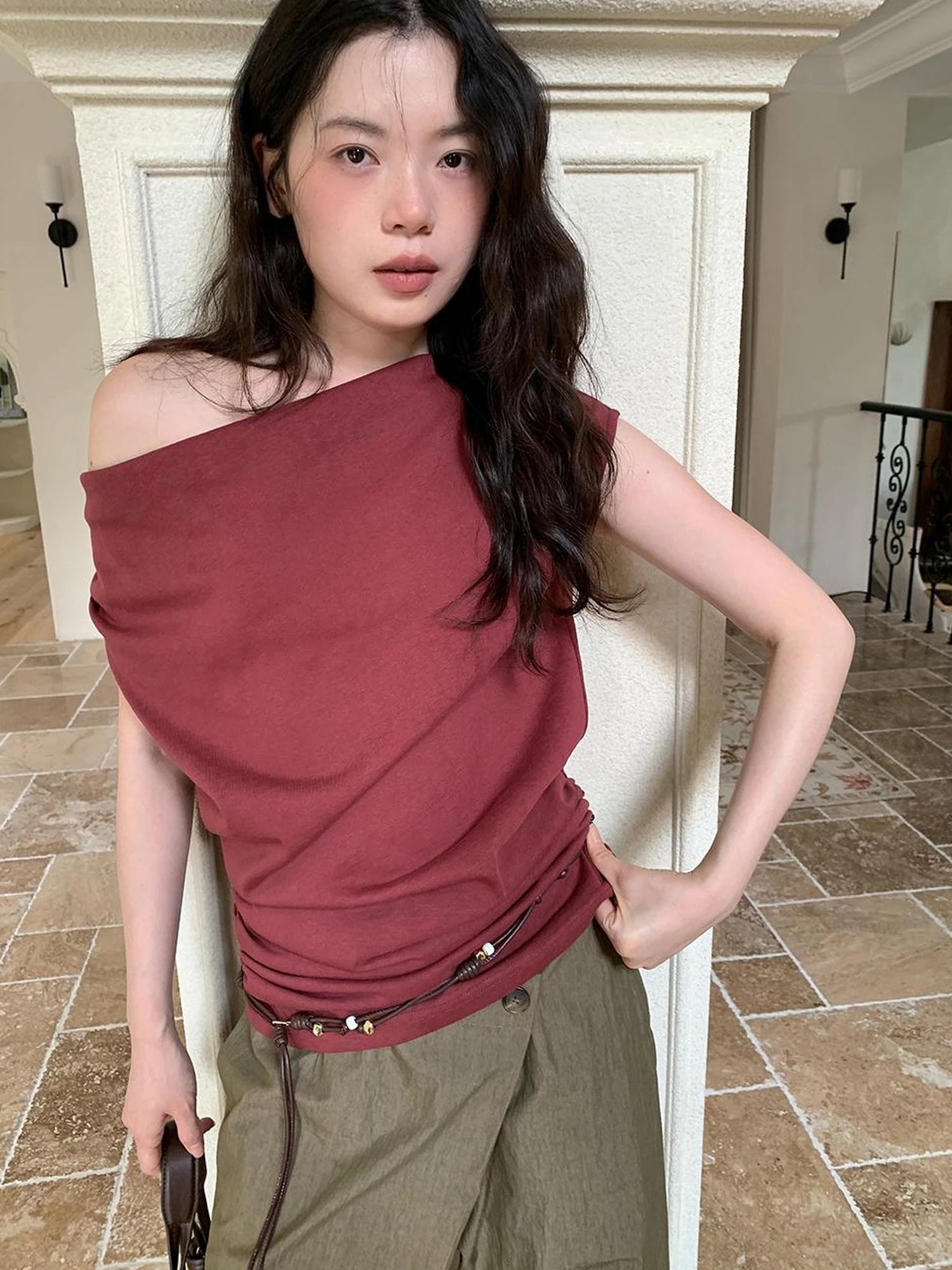 Off Shoulder Ruffle Neckline T-shirt In Red