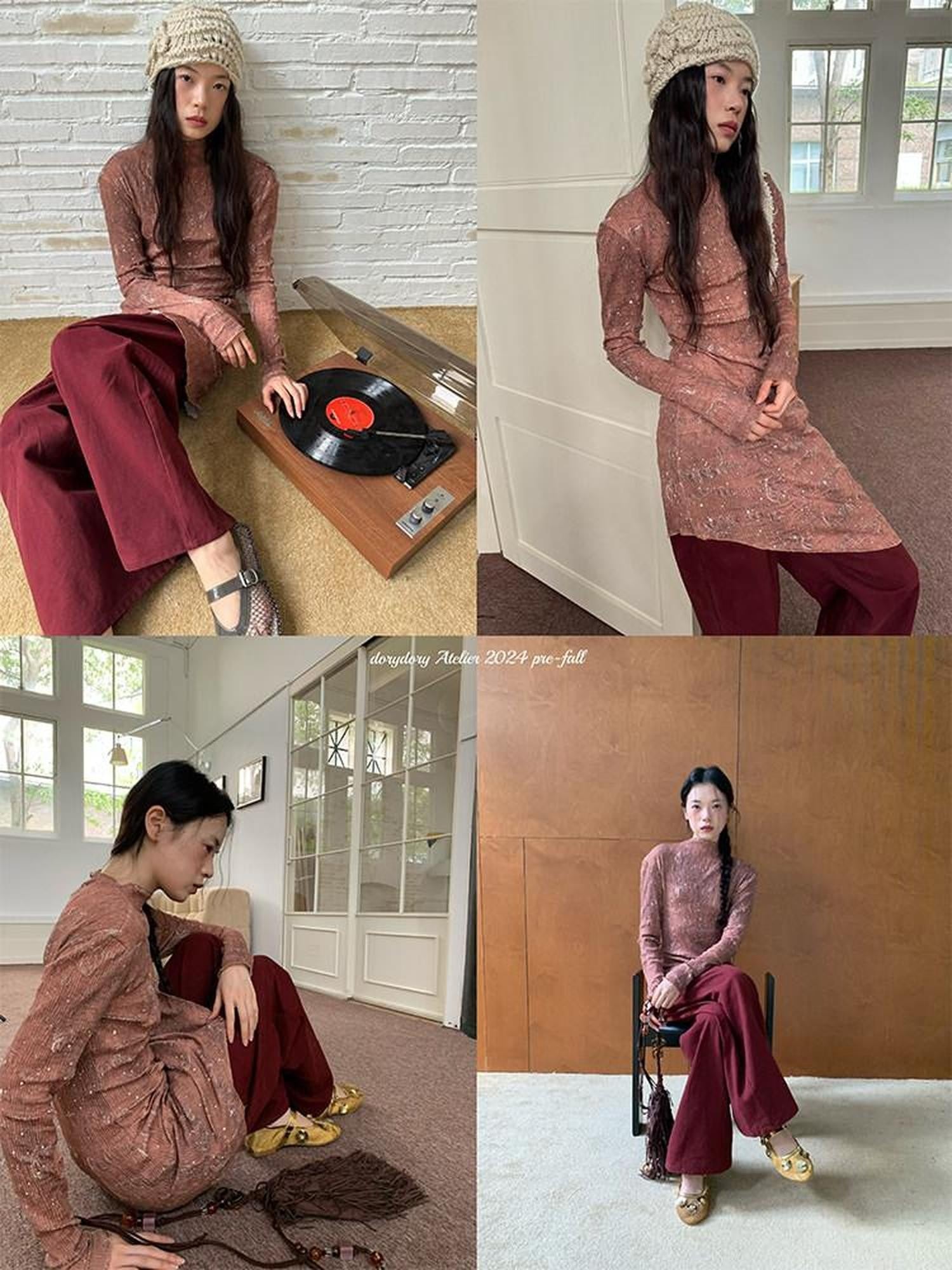 Dorydory Orange Shimmer Ombre Pleated Long Sleeve Slim Women&