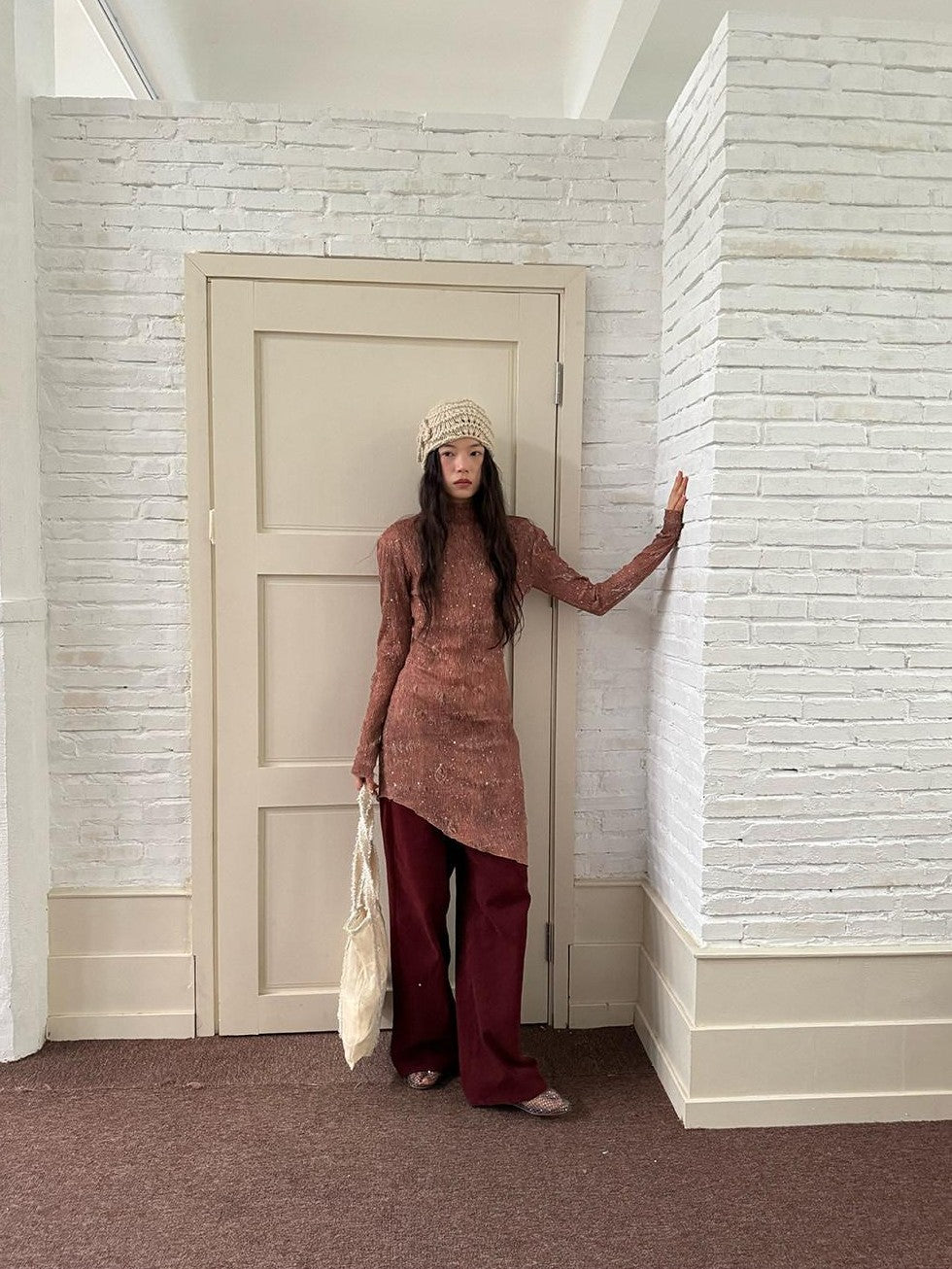 Dorydory Orange Shimmer Ombre Pleated Long Sleeve Slim Women&