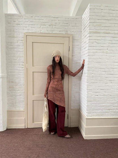 Dorydory Orange Shimmer Ombre Pleated Long Sleeve Slim Women&