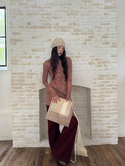 Dorydory Orange Shimmer Ombre Pleated Long Sleeve Slim Women&
