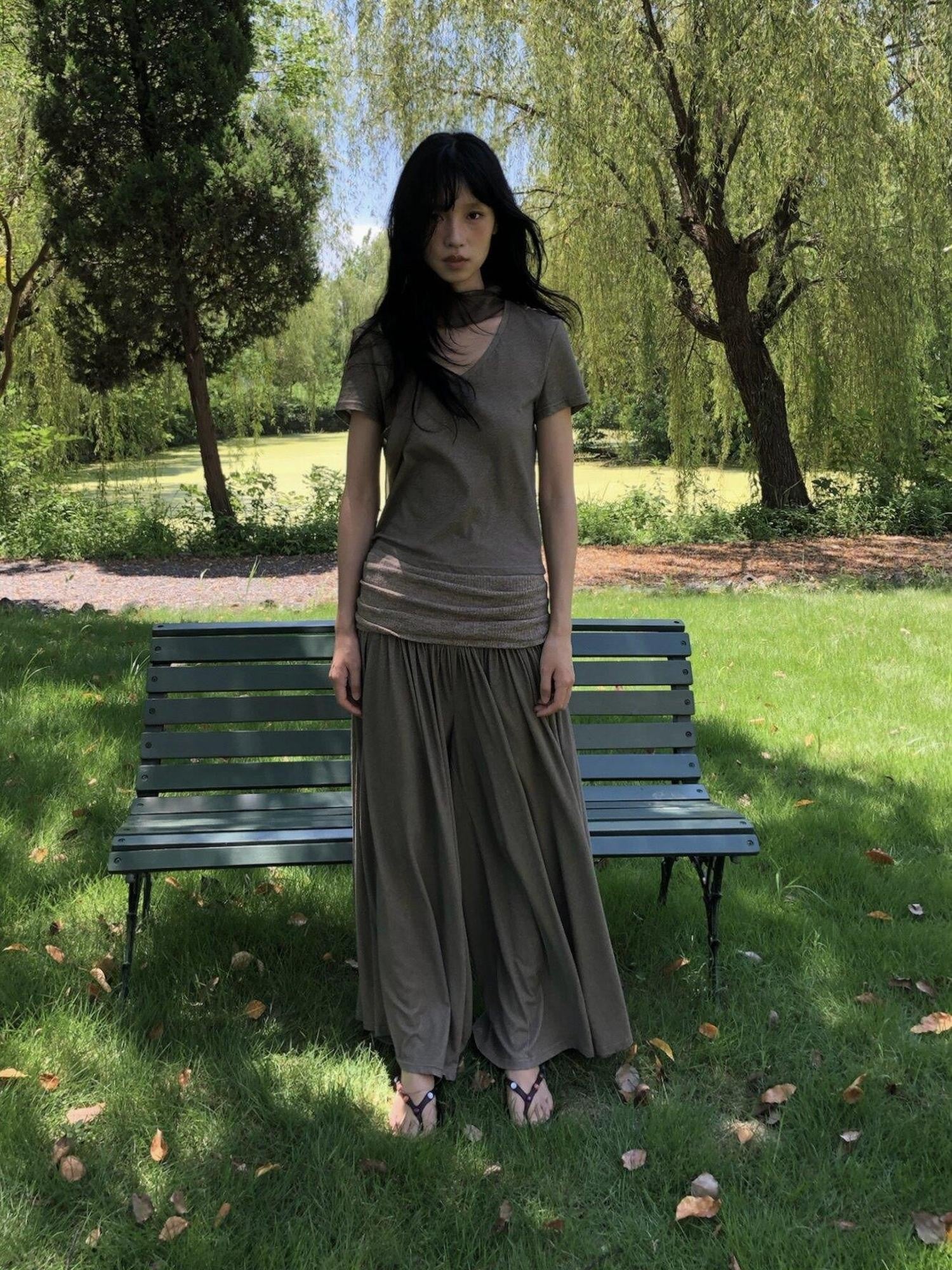 Dorydory Palm Oat Ruffle Hem High Waist Slim Wide Leg Women&