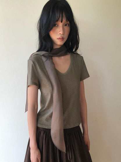 Dorydory Palm Oatmeal V-neck Tie Puff Sleeve Women&