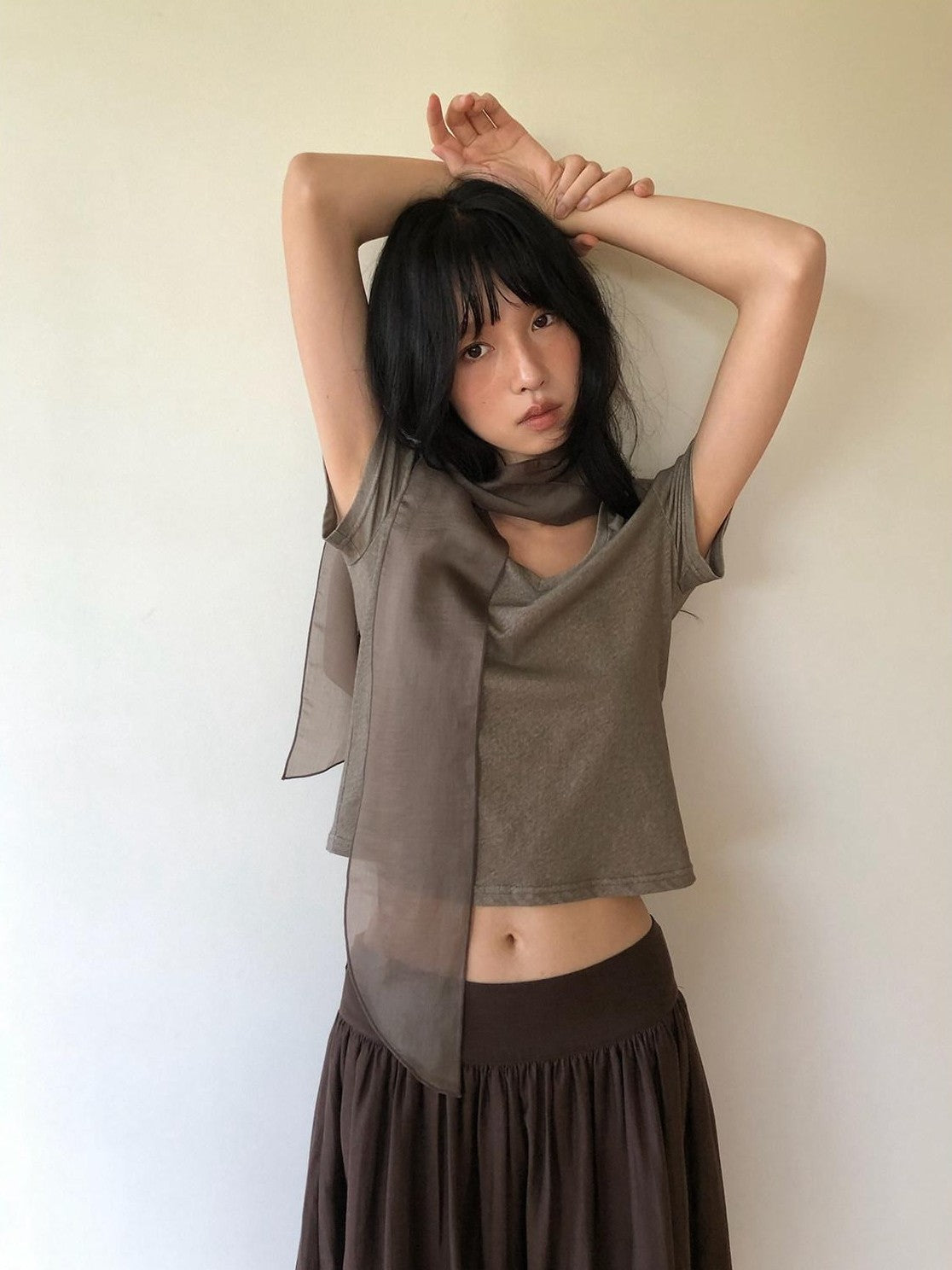 Dorydory Palm Oatmeal V-neck Tie Puff Sleeve Women&