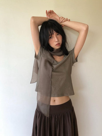 Dorydory Palm Oatmeal V-neck Tie Puff Sleeve Women&