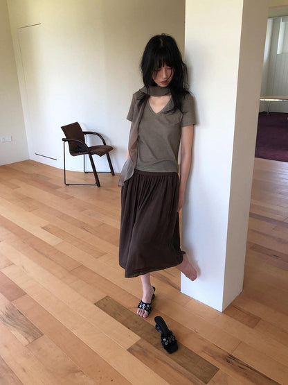 Dorydory Palm Oatmeal V-neck Tie Puff Sleeve Women&