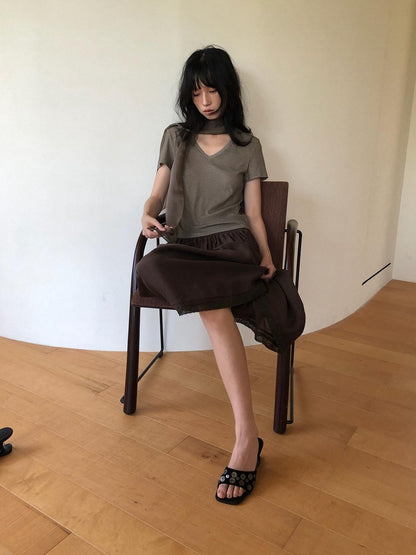 Dorydory Palm Oatmeal V-neck Tie Puff Sleeve Women&