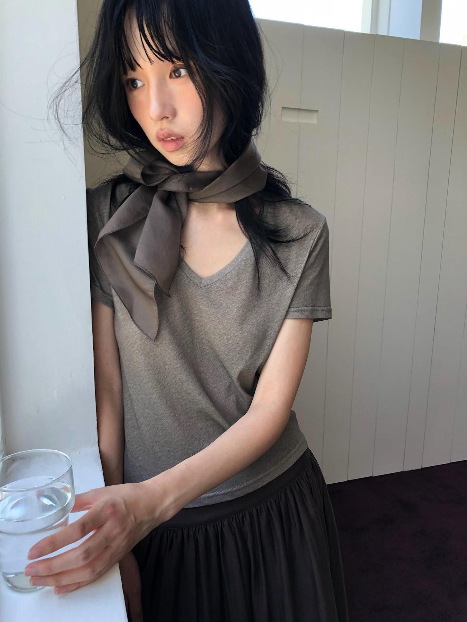 Dorydory Palm Oatmeal V-neck Tie Puff Sleeve Women&