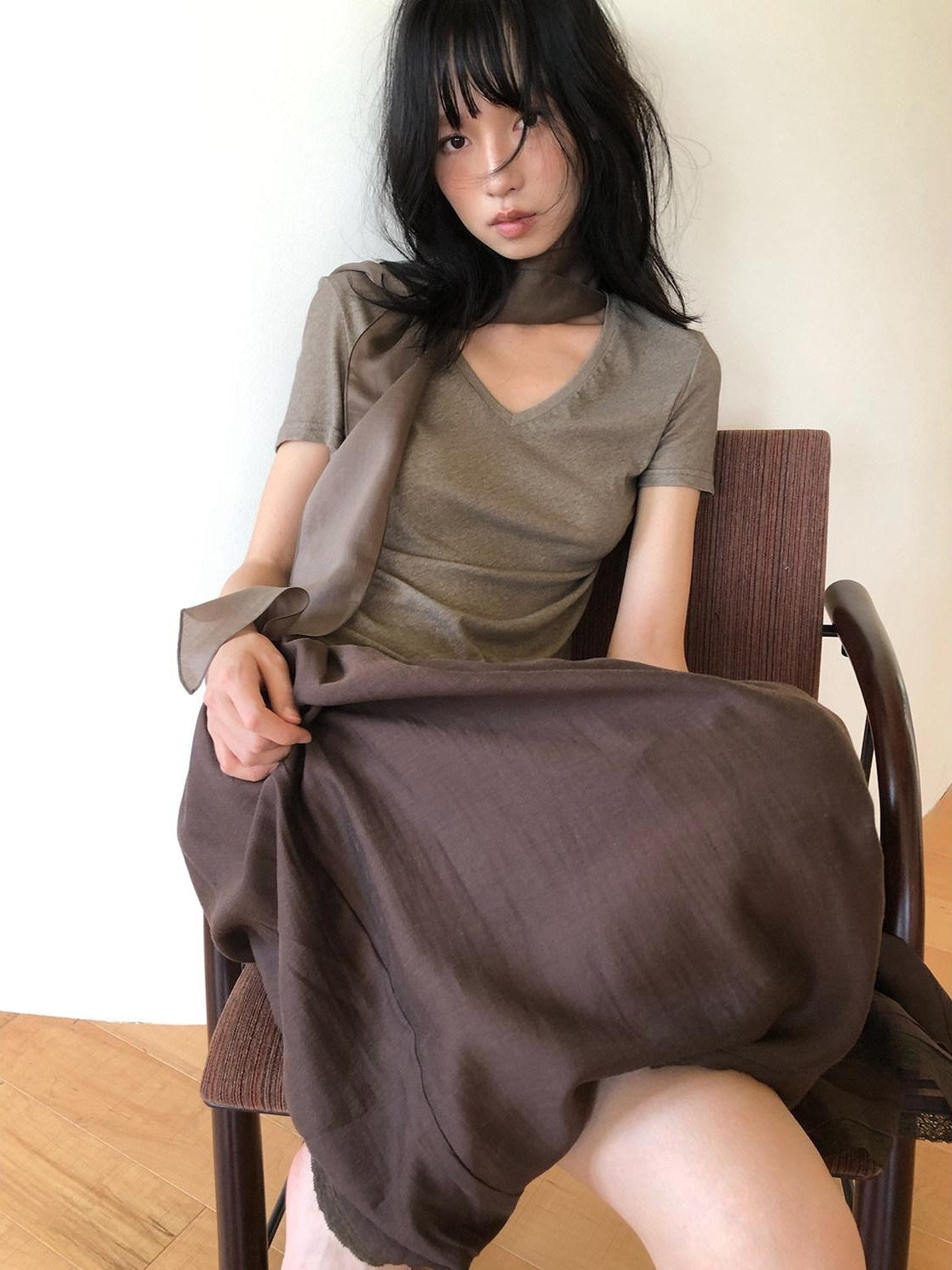 Dorydory Palm Oatmeal V-neck Tie Puff Sleeve Women&