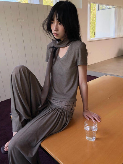 Dorydory Palm Oatmeal V-neck Tie Puff Sleeve Women&