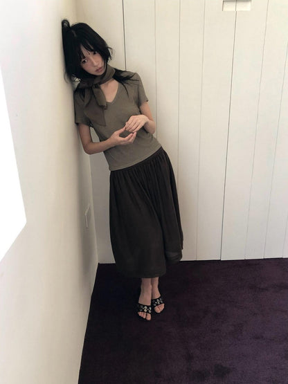 Dorydory Palm Oatmeal V-neck Tie Puff Sleeve Women&