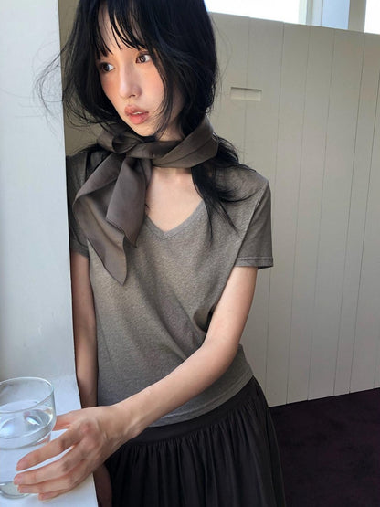 Dorydory Palm Oatmeal V-neck Tie Puff Sleeve Women&