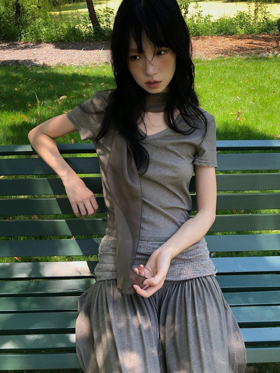 Dorydory Palm Oatmeal V-neck Tie Puff Sleeve Women&