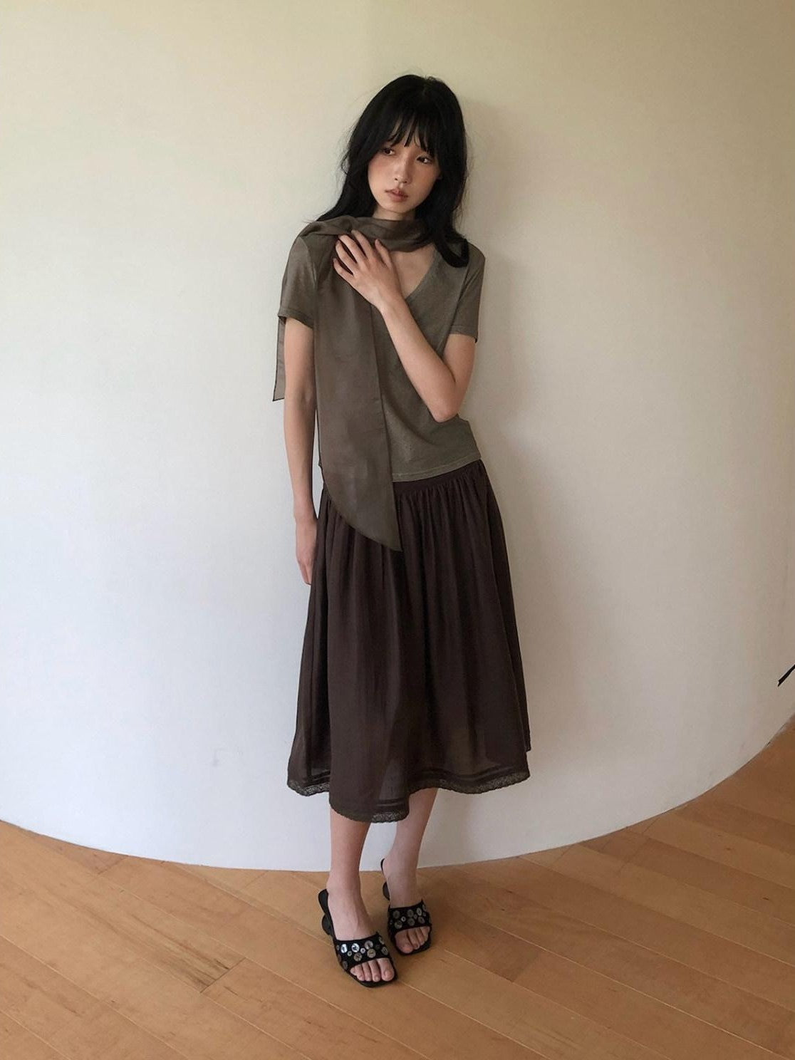 Dorydory Palm Oatmeal V-neck Tie Puff Sleeve Women&
