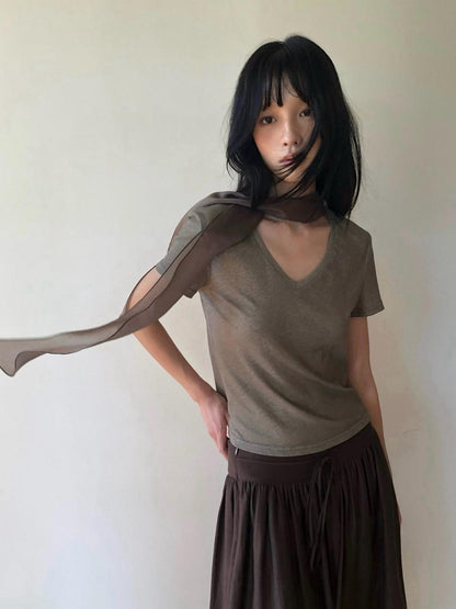 Dorydory Palm Oatmeal V-neck Tie Puff Sleeve Women&