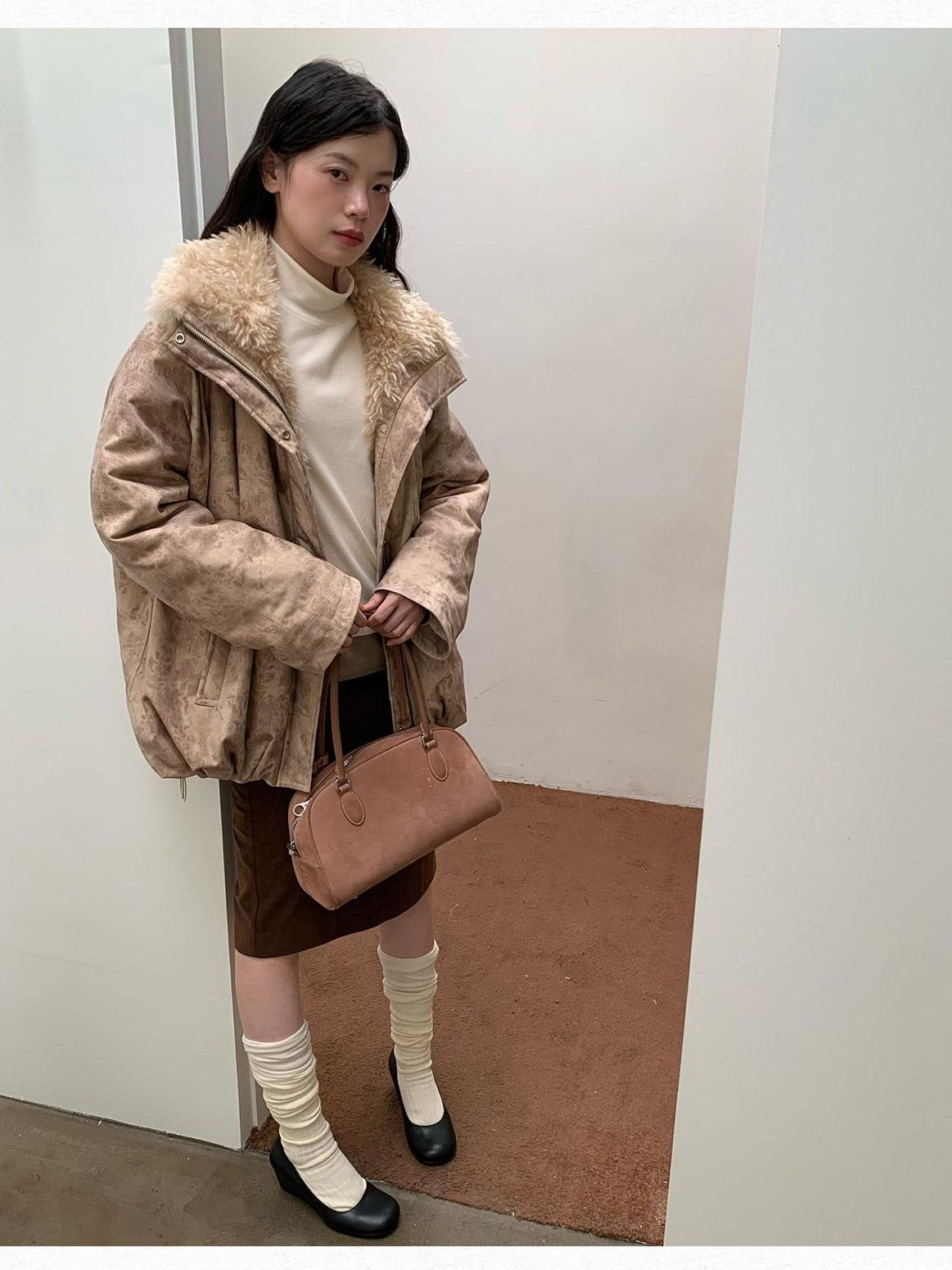 Dorydory Peach Pink Fur Trim Bud Hem Distressed Women&