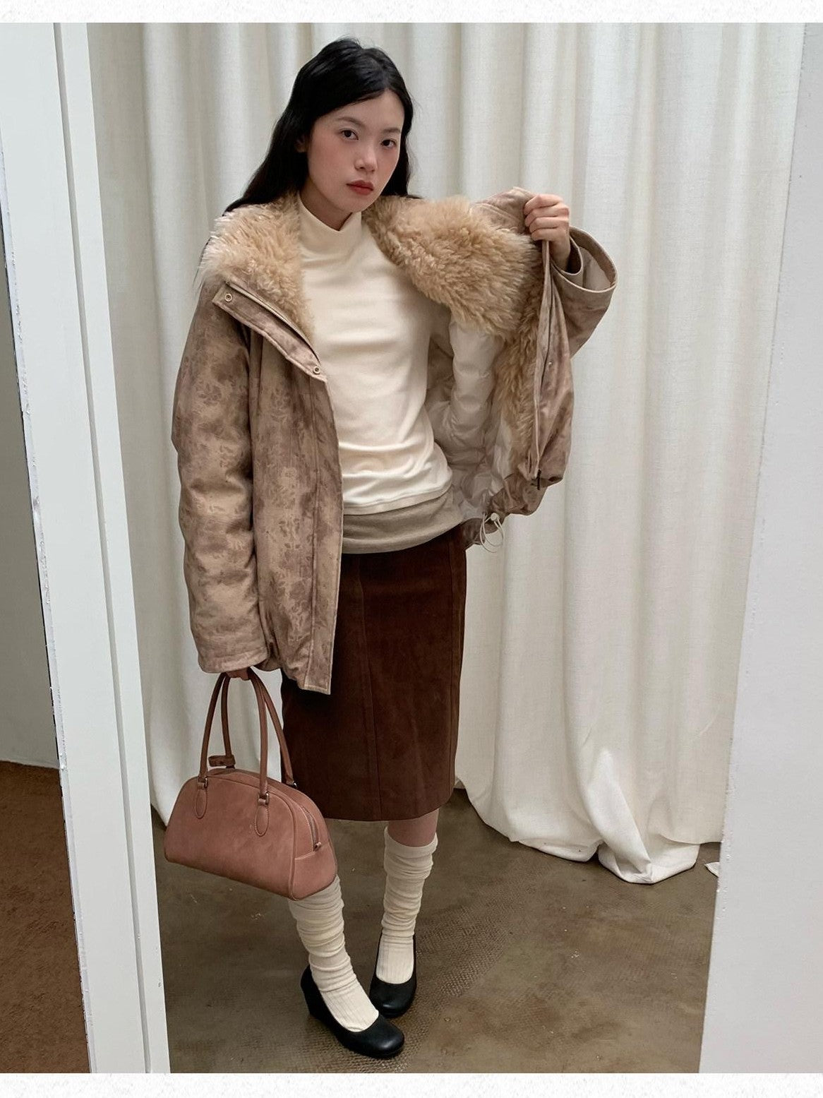 Dorydory Peach Pink Fur Trim Bud Hem Distressed Women&
