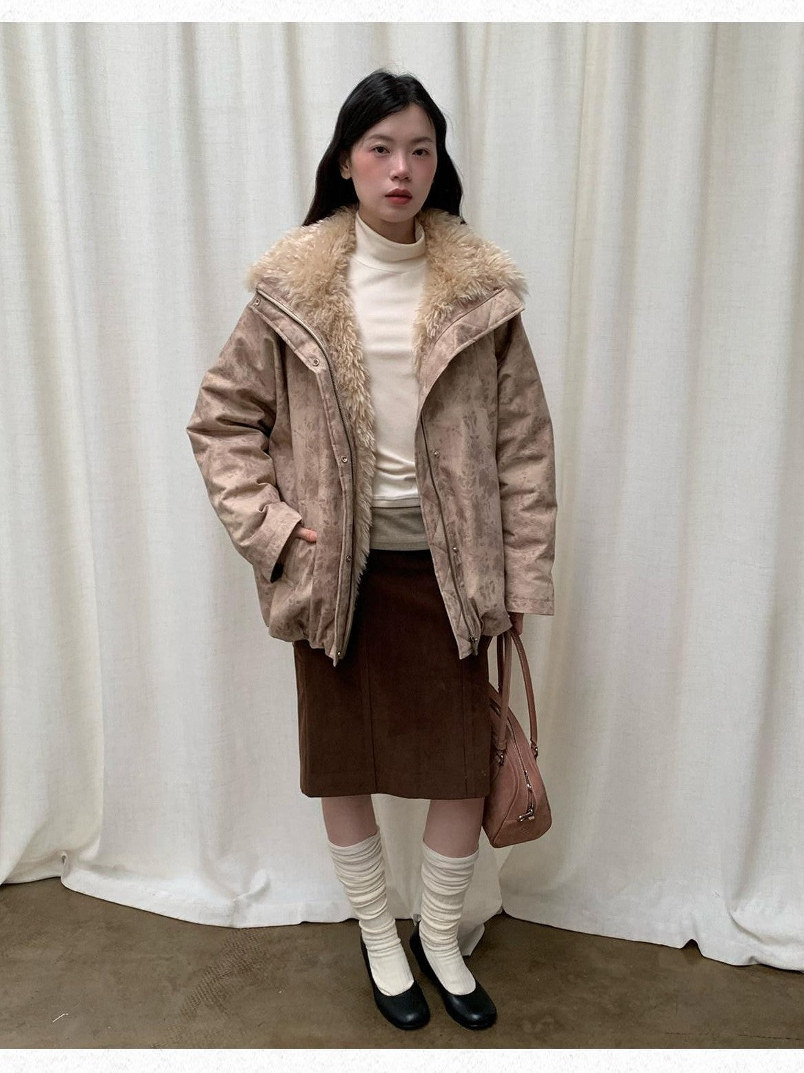 Dorydory Peach Pink Fur Trim Bud Hem Distressed Women&