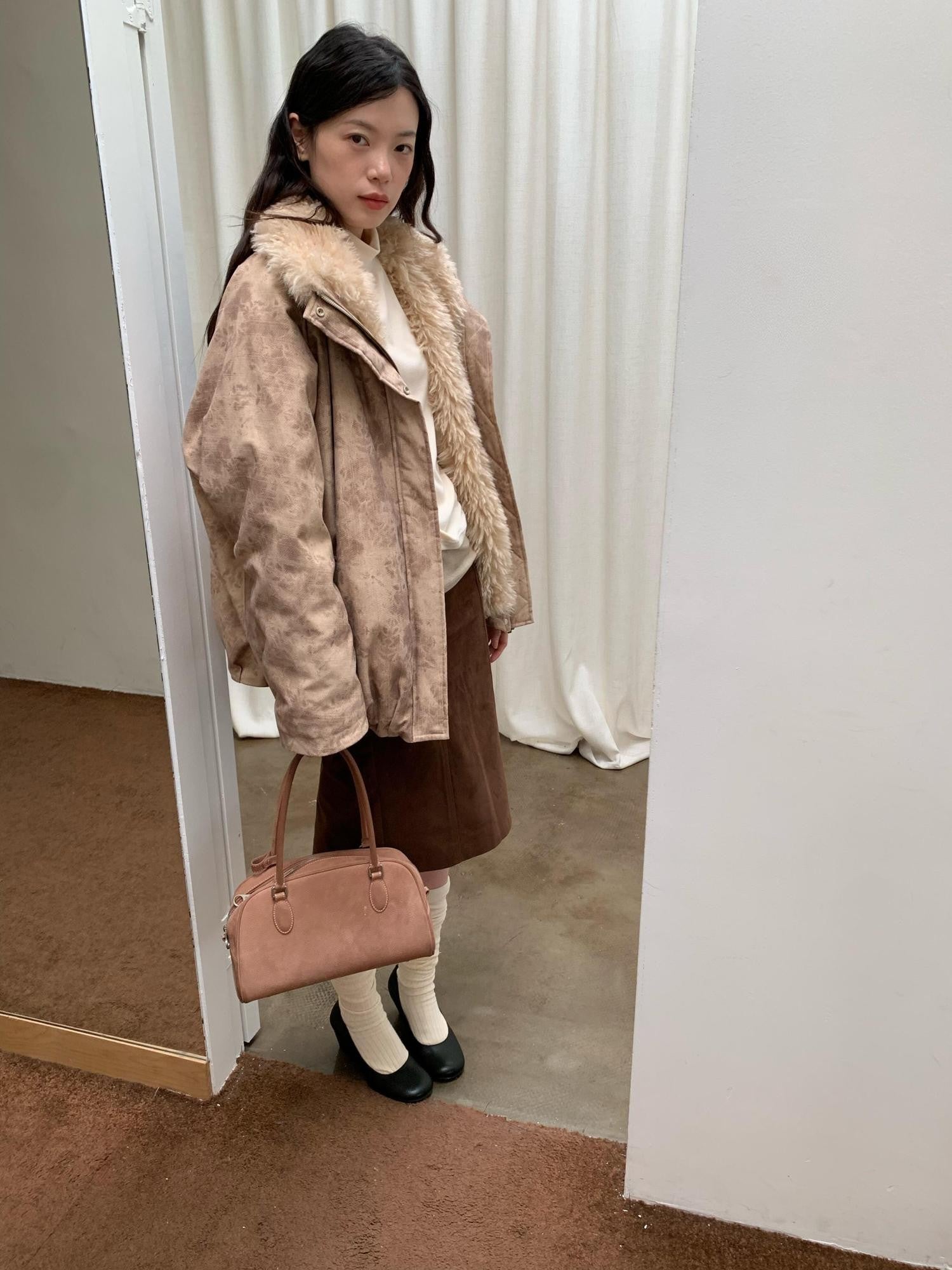 Dorydory Peach Pink Fur Trim Bud Hem Distressed Women&