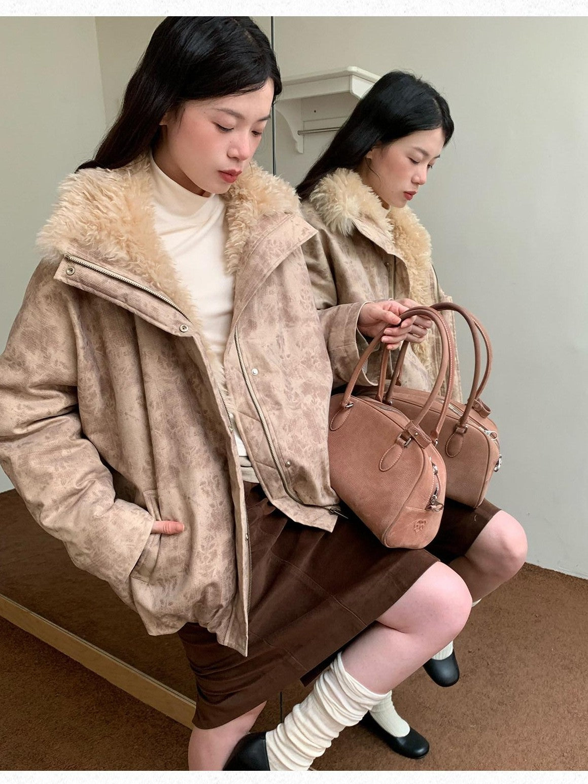 Dorydory Peach Pink Fur Trim Bud Hem Distressed Women&
