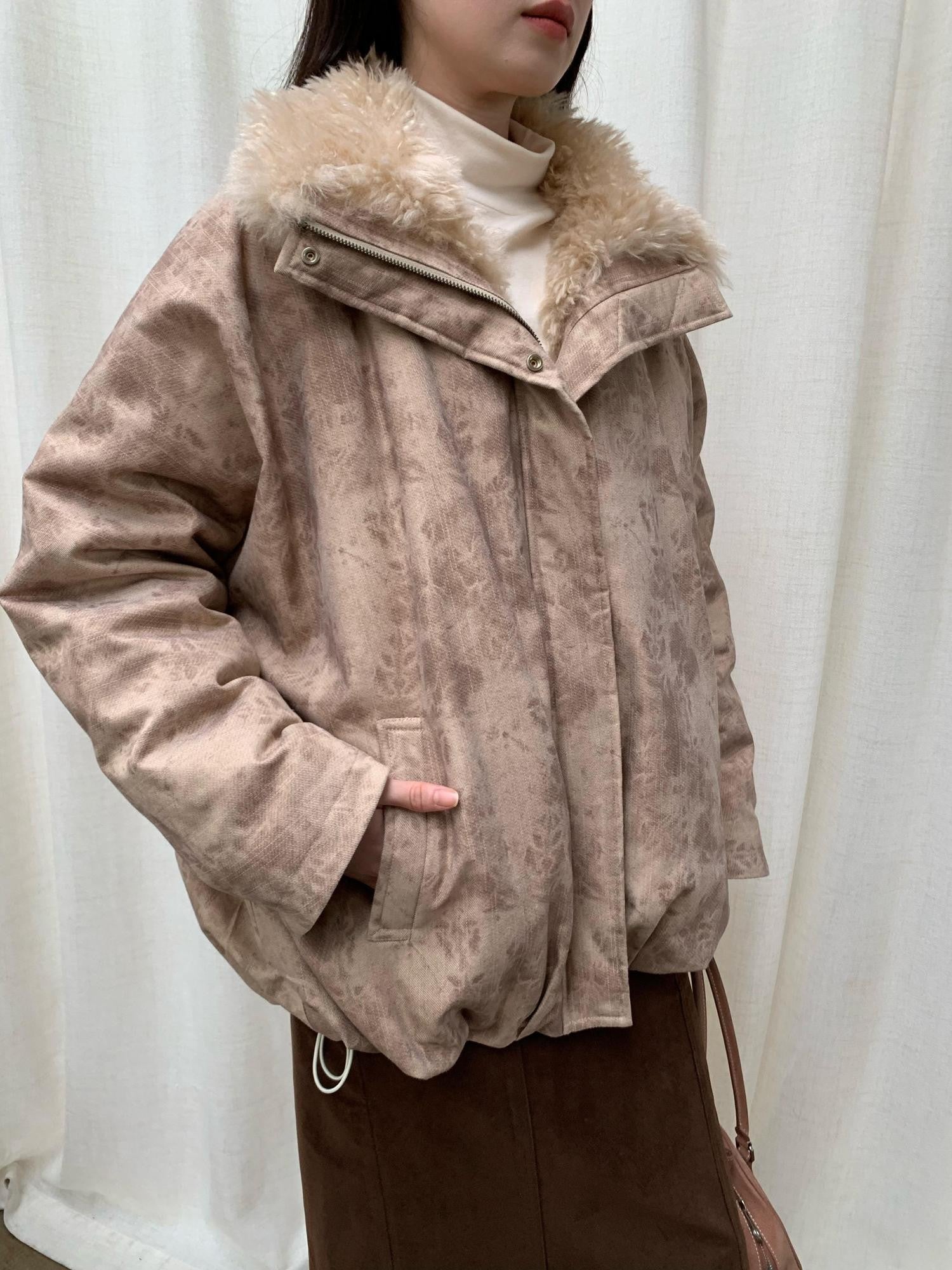 Dorydory Peach Pink Fur Trim Bud Hem Distressed Women&