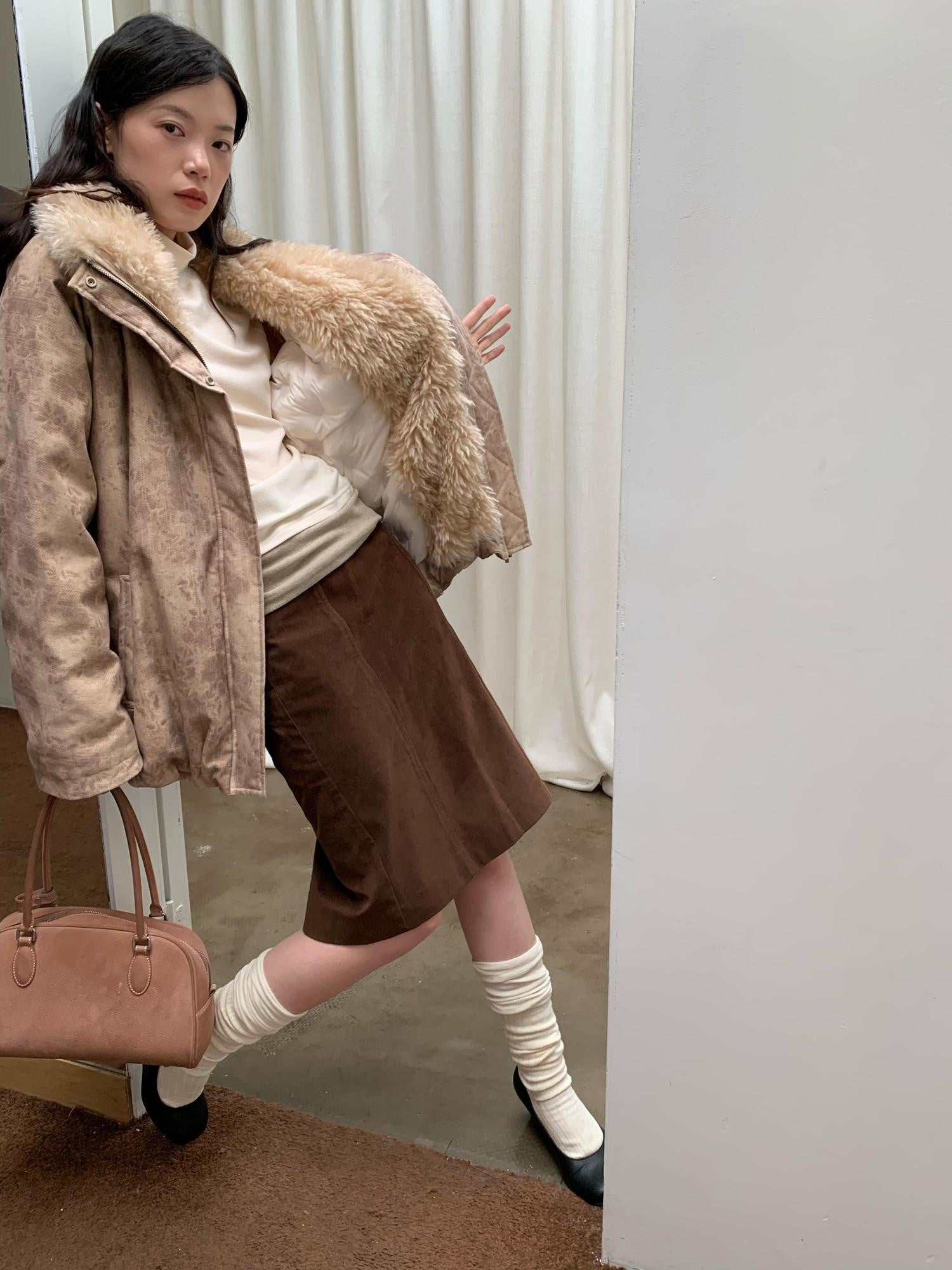Dorydory Peach Pink Fur Trim Bud Hem Distressed Women&