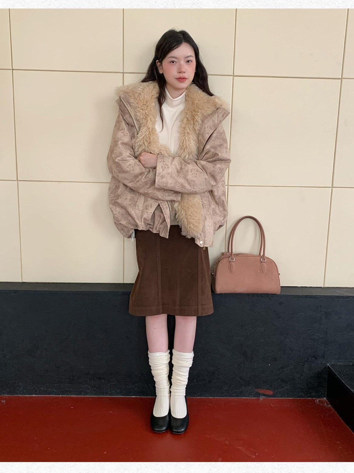 Dorydory Peach Pink Fur Trim Bud Hem Distressed Women&