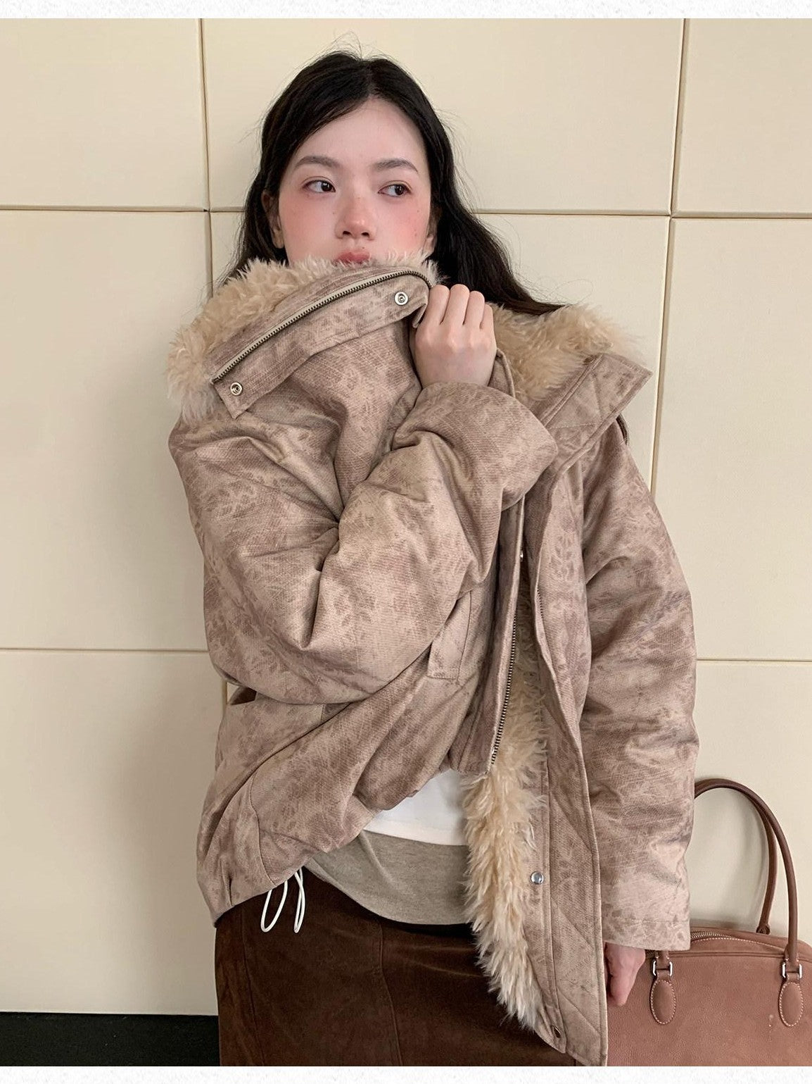 Dorydory Peach Pink Fur Trim Bud Hem Distressed Women&