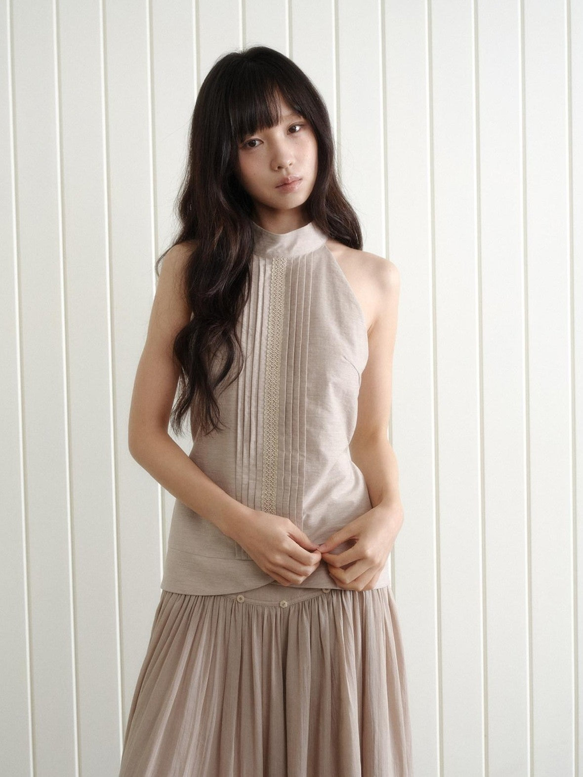 Dorydory Pink Purple Pleated Half High Collar Sleeveless Women&