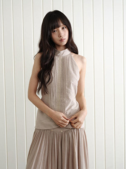 Dorydory Pink Purple Pleated Half High Collar Sleeveless Women&