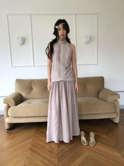 Dorydory Pink Purple Pleated Half High Collar Sleeveless Women&