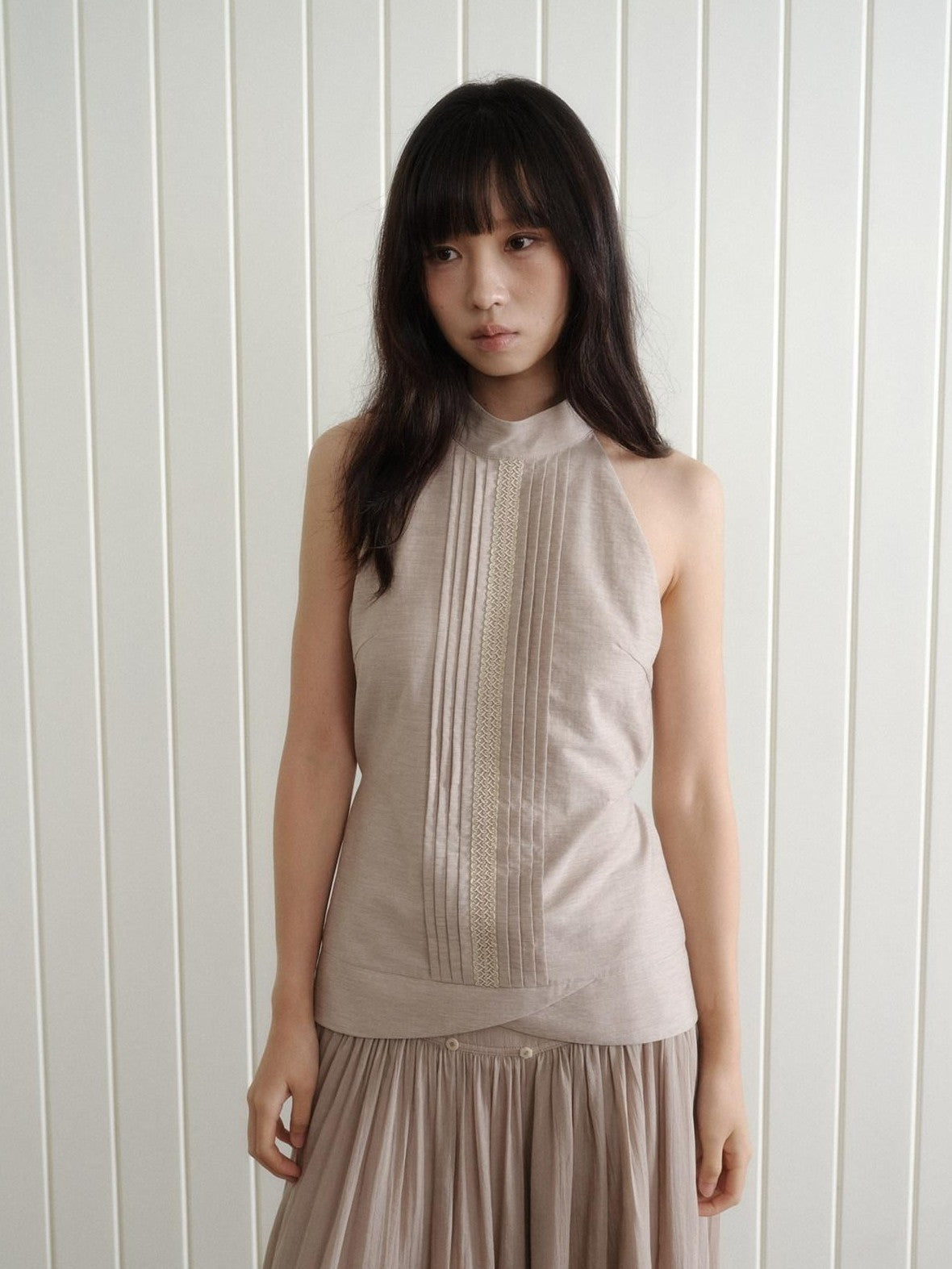 Dorydory Pink Purple Pleated Half High Collar Sleeveless Women&