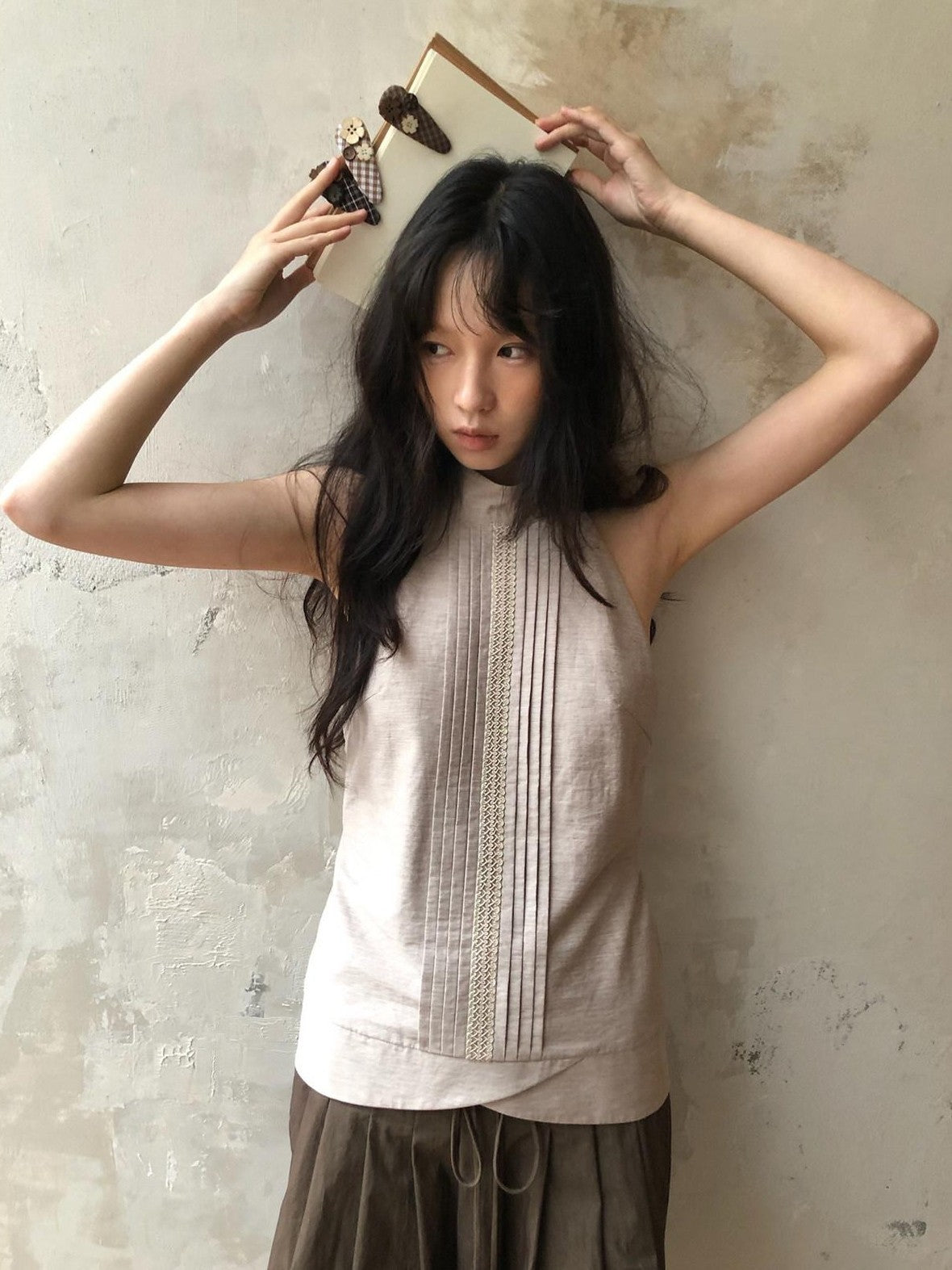 Dorydory Pink Purple Pleated Half High Collar Sleeveless Women&