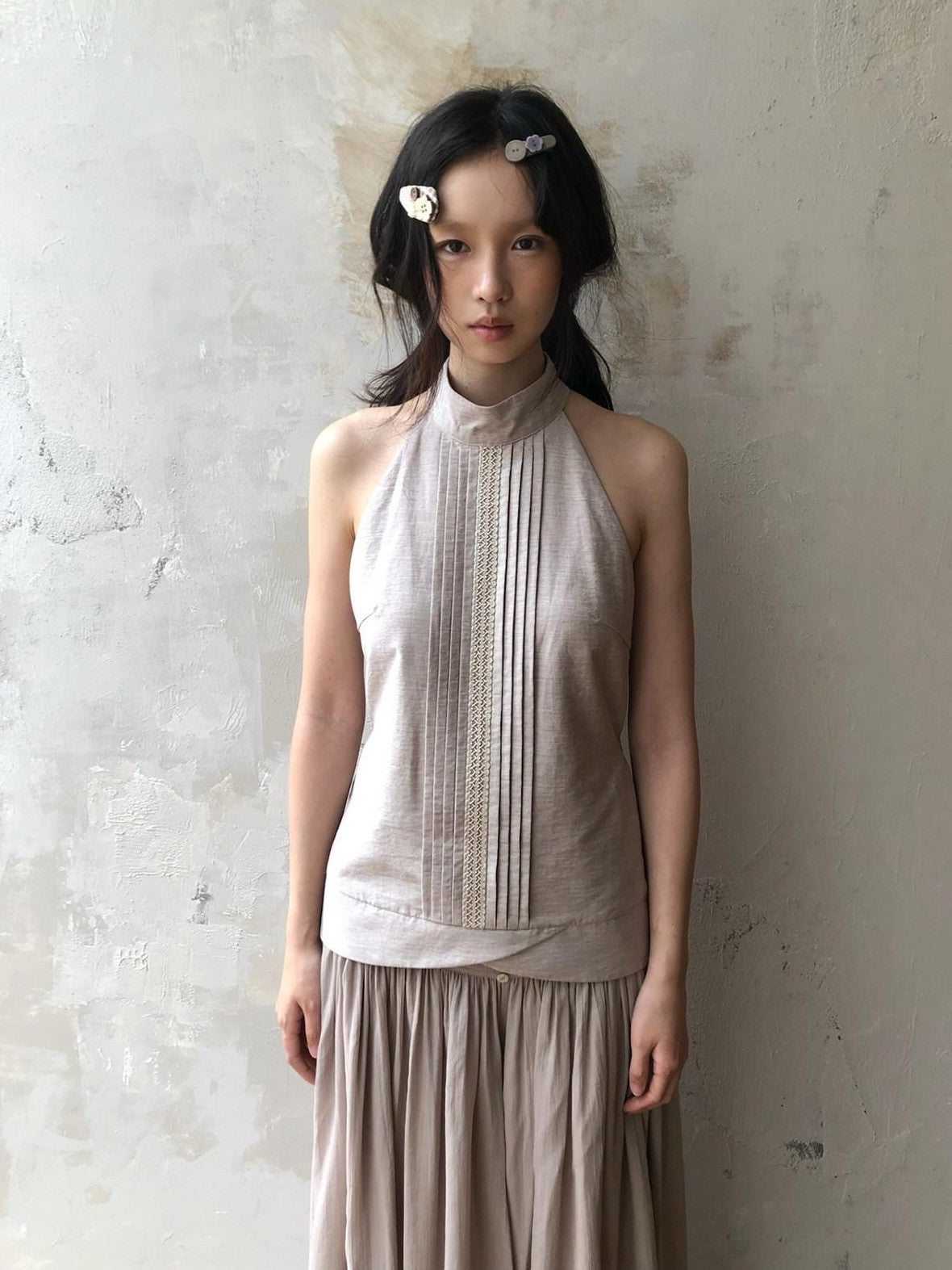 Dorydory Pink Purple Pleated Half High Collar Sleeveless Women&
