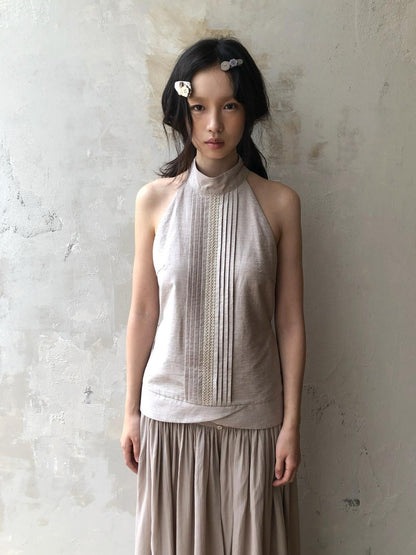 Dorydory Pink Purple Pleated Half High Collar Sleeveless Women&