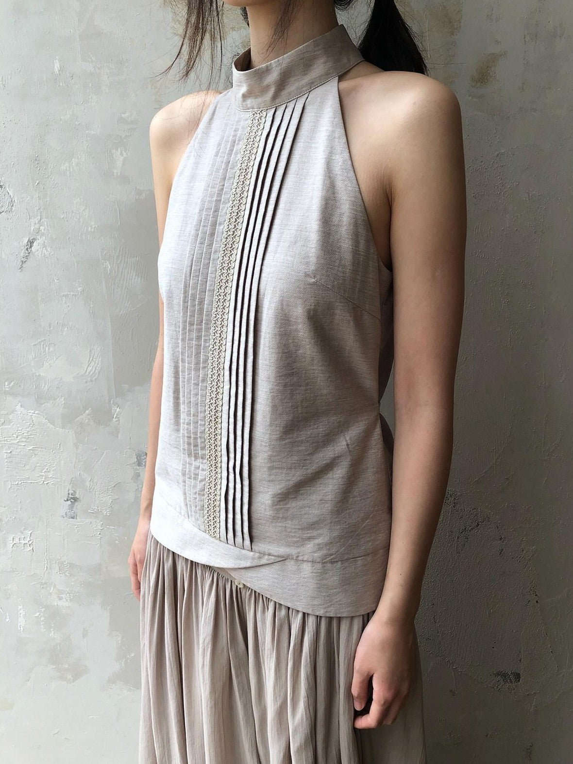 Dorydory Pink Purple Pleated Half High Collar Sleeveless Women&