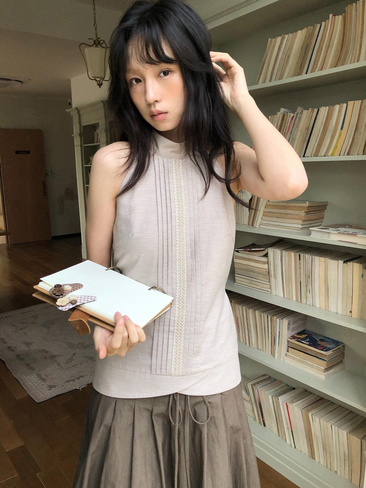 Dorydory Pink Purple Pleated Half High Collar Sleeveless Women&