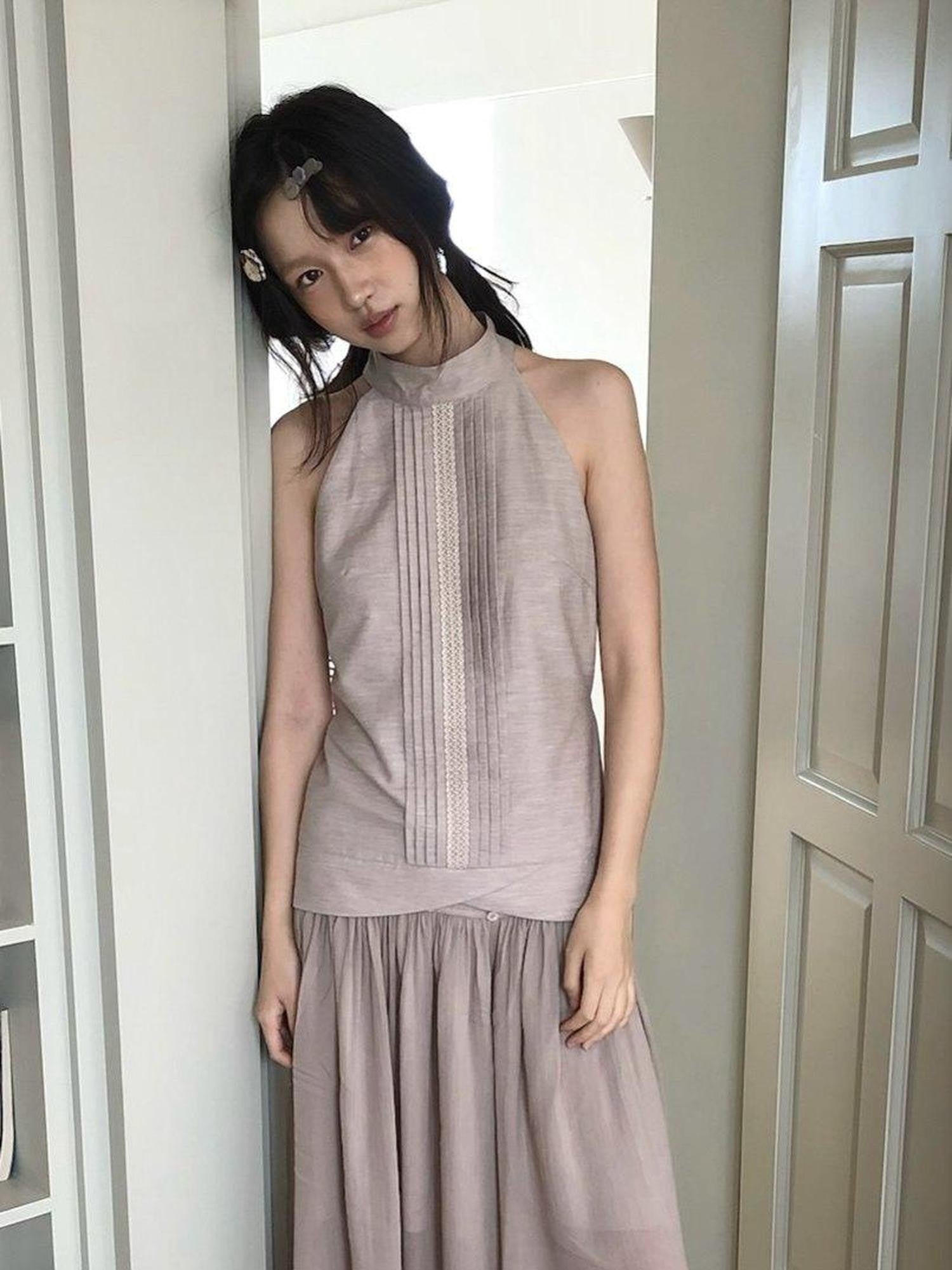 Dorydory Pink Purple Pleated Half High Collar Sleeveless Women&