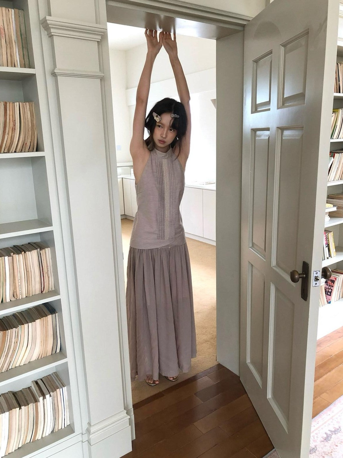 Dorydory Pink Purple Pleated Half High Collar Sleeveless Women&