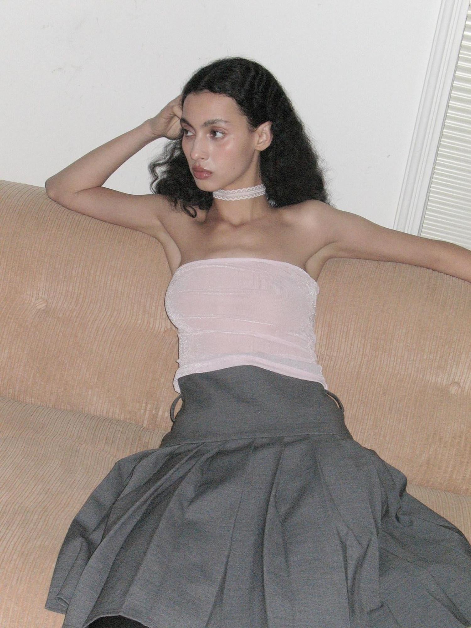 Dorydory Pink Solid Sheer Mesh Knitted Bandeau Women&