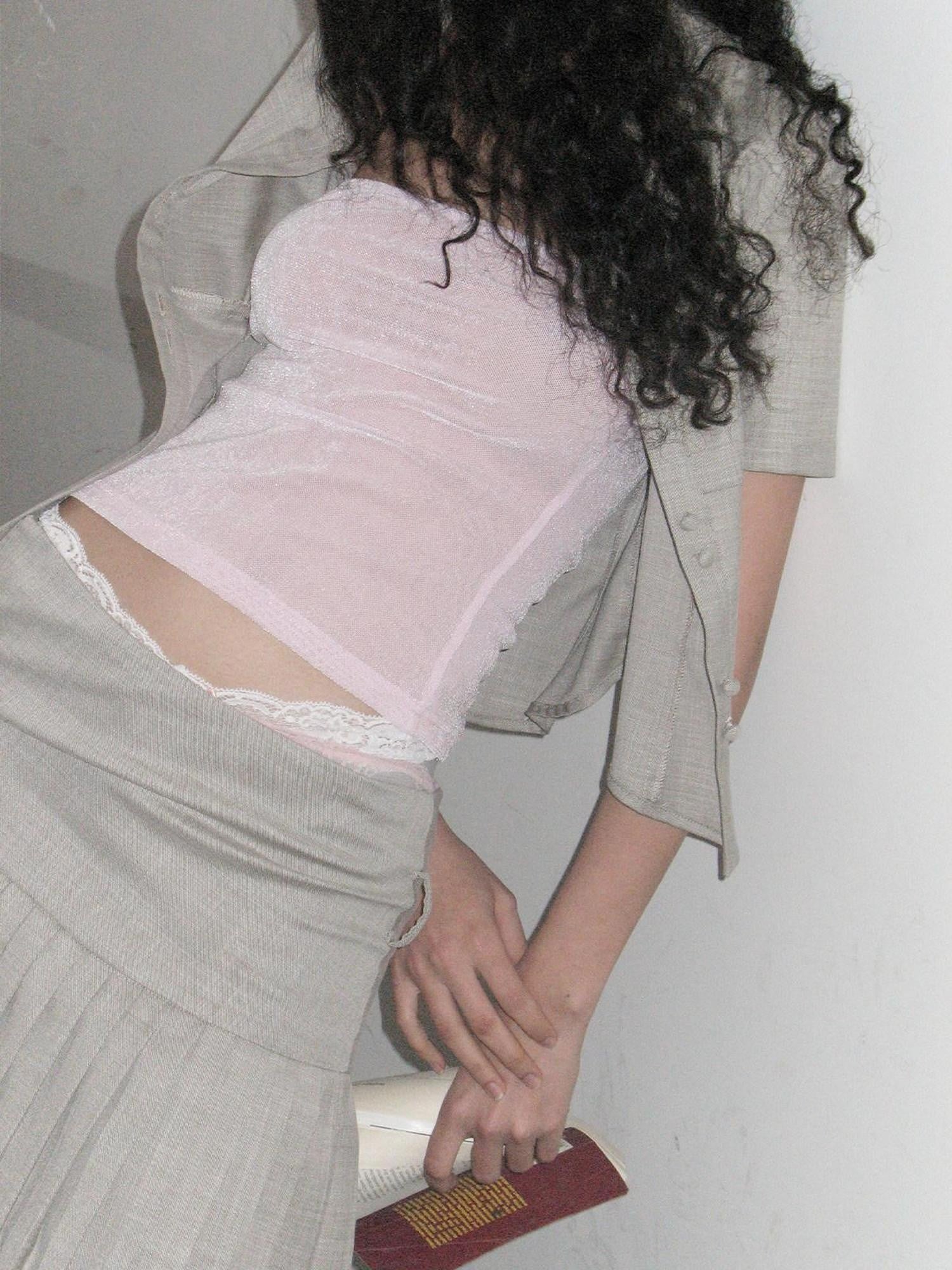 Dorydory Pink Solid Sheer Mesh Knitted Bandeau Women&